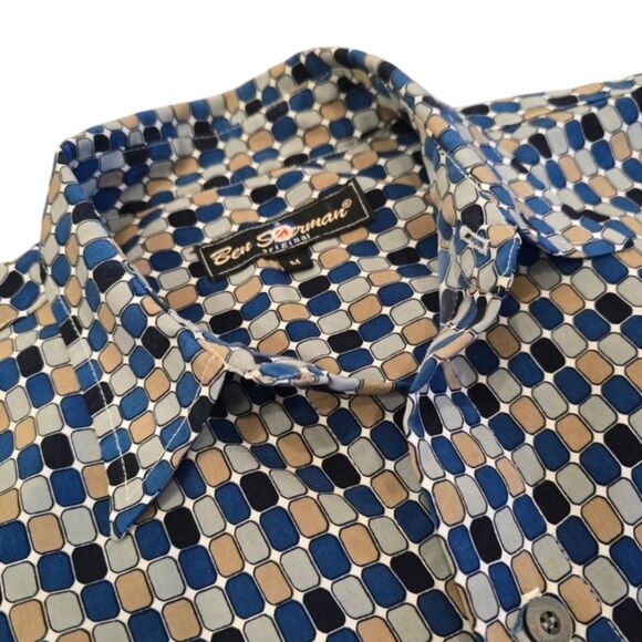 Vintage Mens Ben Sherman Short Sleeve Shirt Blue Gray Size Medium Button Up - Picture 1 of 6